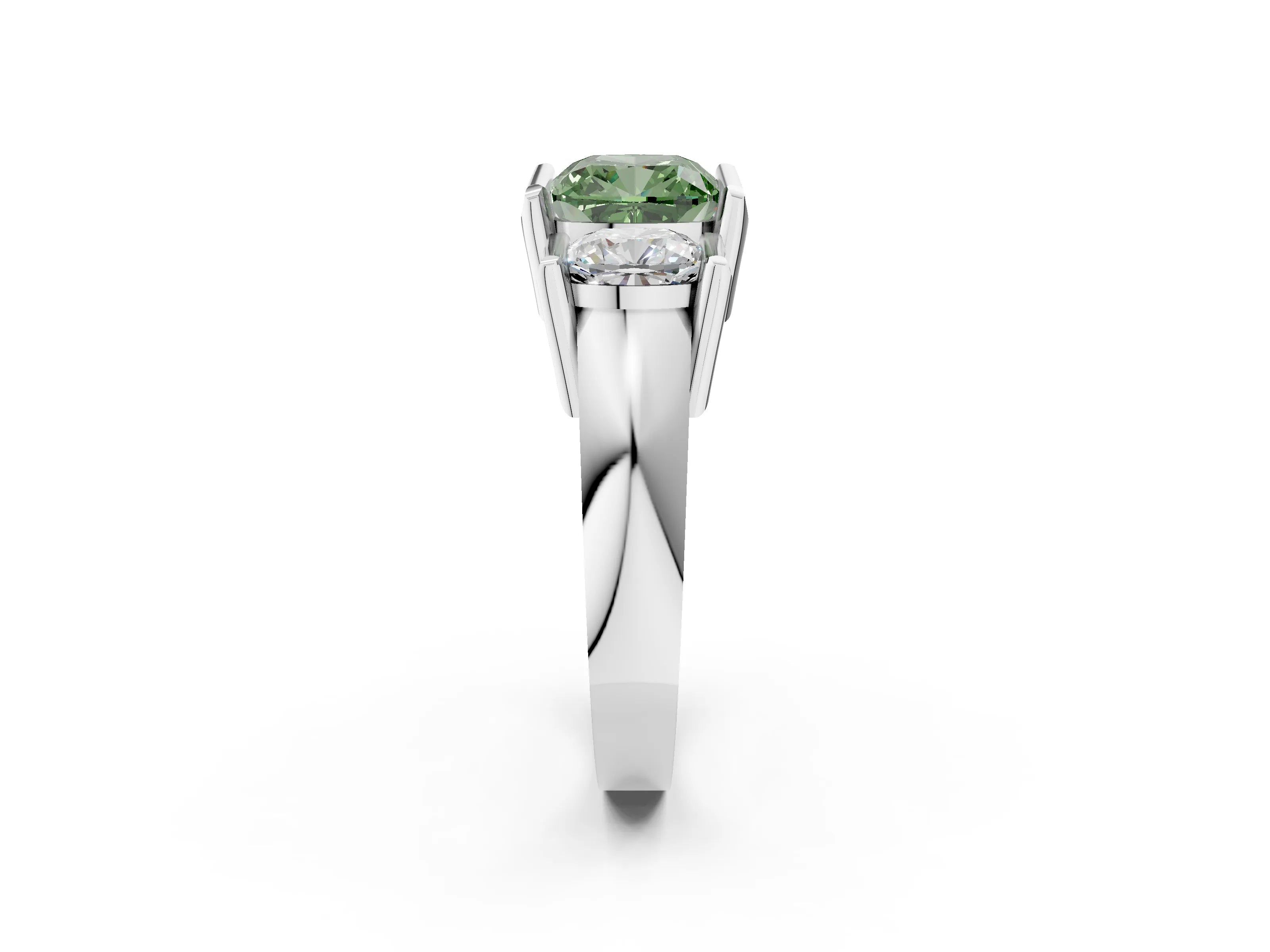 White gold Three Stone Fancy Green Cushion Cut Cut Channel Set Diamond Ring_26