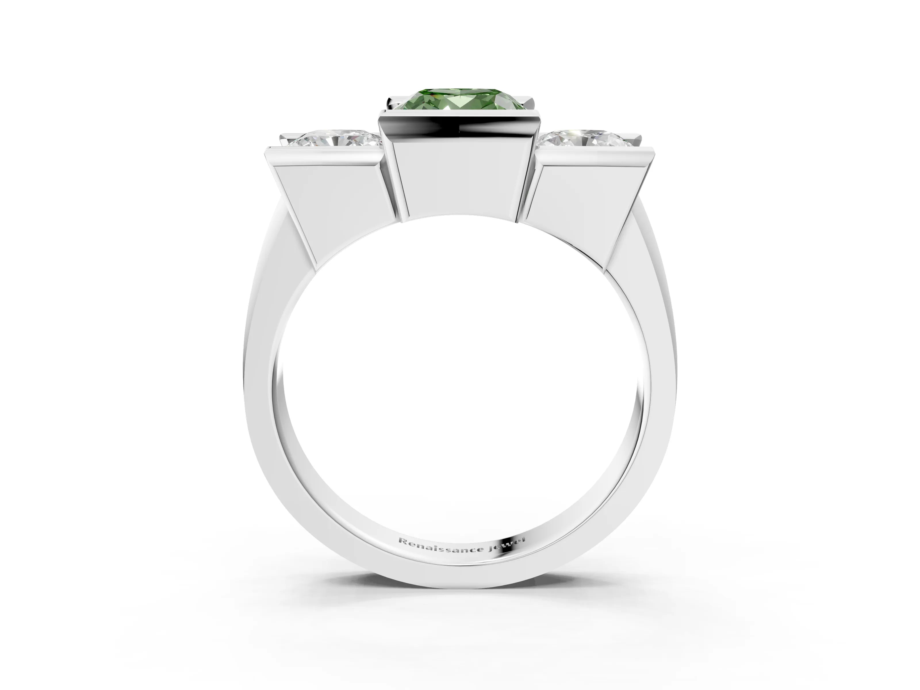 White gold Three Stone Fancy Green Cushion Cut Cut Channel Set Diamond Ring_27