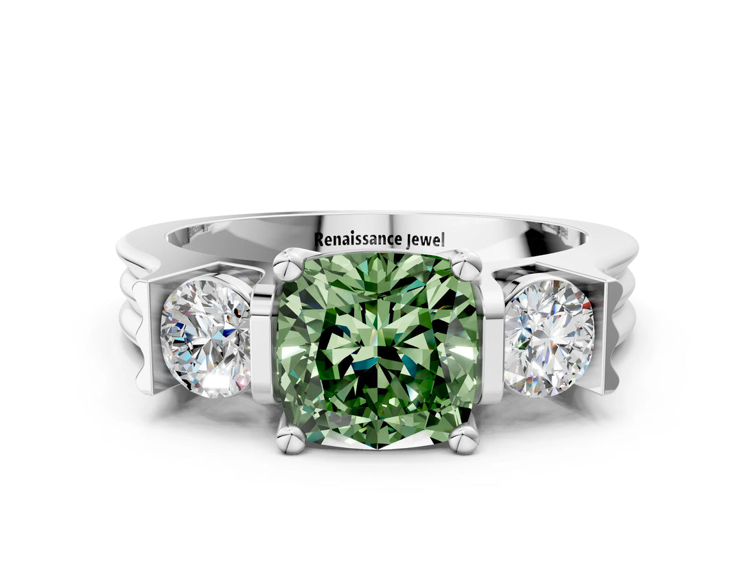 White gold Three-Stone Fancy Green Cushion Cut Cut Classic Band Prong Setting Ring