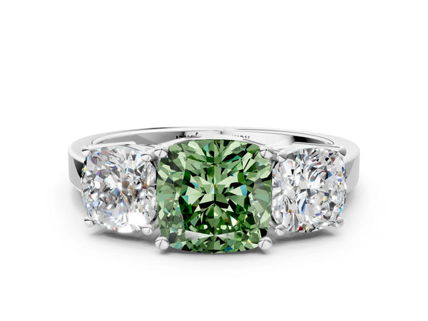 Platinum Three-Stone Fancy Green Cushion Cut Cut Diamond Engagement Ring with Flat Band and Four-Prong Setting
