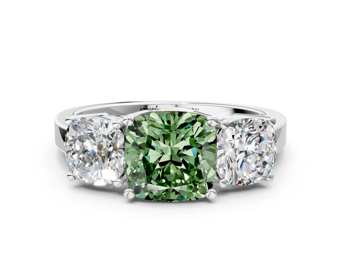 White gold Three-Stone Fancy Green Cushion Cut Cut Diamond Engagement Ring with Flat Band and Four-Prong Setting_12