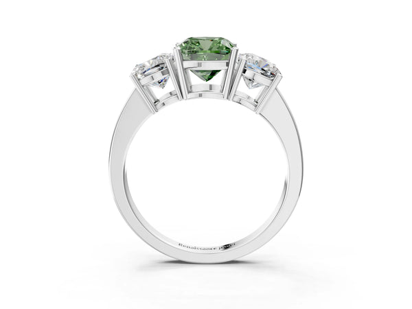 Platinum Three-Stone Fancy Green Cushion Cut Cut Diamond Engagement Ring with Flat Band and Four-Prong Setting