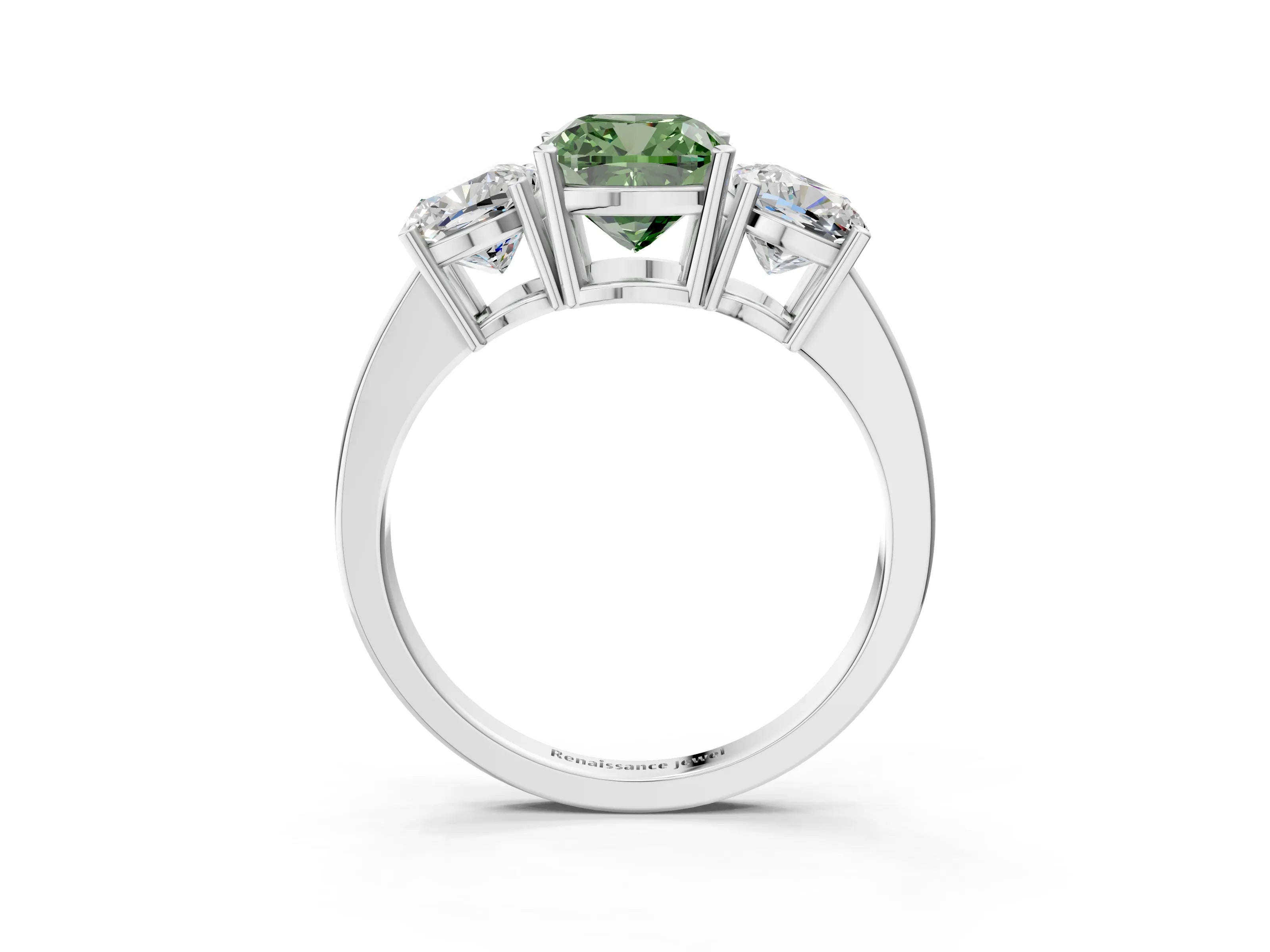 White gold Three-Stone Fancy Green Cushion Cut Cut Diamond Engagement Ring with Flat Band and Four-Prong Setting_15