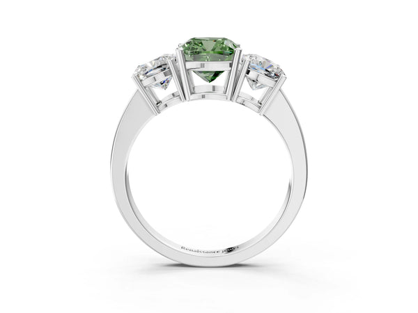 Platinum Three-Stone Fancy Green Cushion Cut Cut Diamond Engagement Ring with Flat Band and Four-Prong Setting