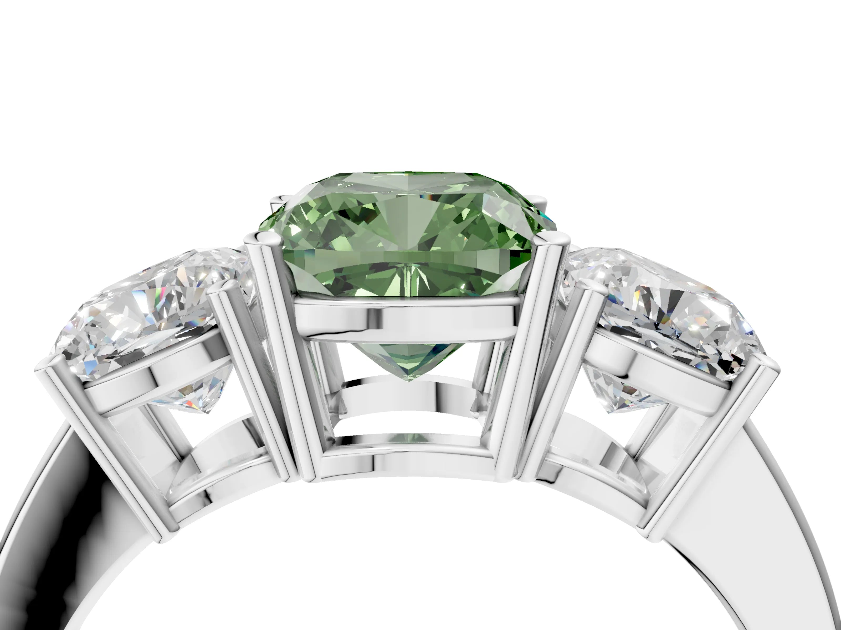 White gold Three-Stone Fancy Green Cushion Cut Cut Diamond Engagement Ring with Flat Band and Four-Prong Setting_16