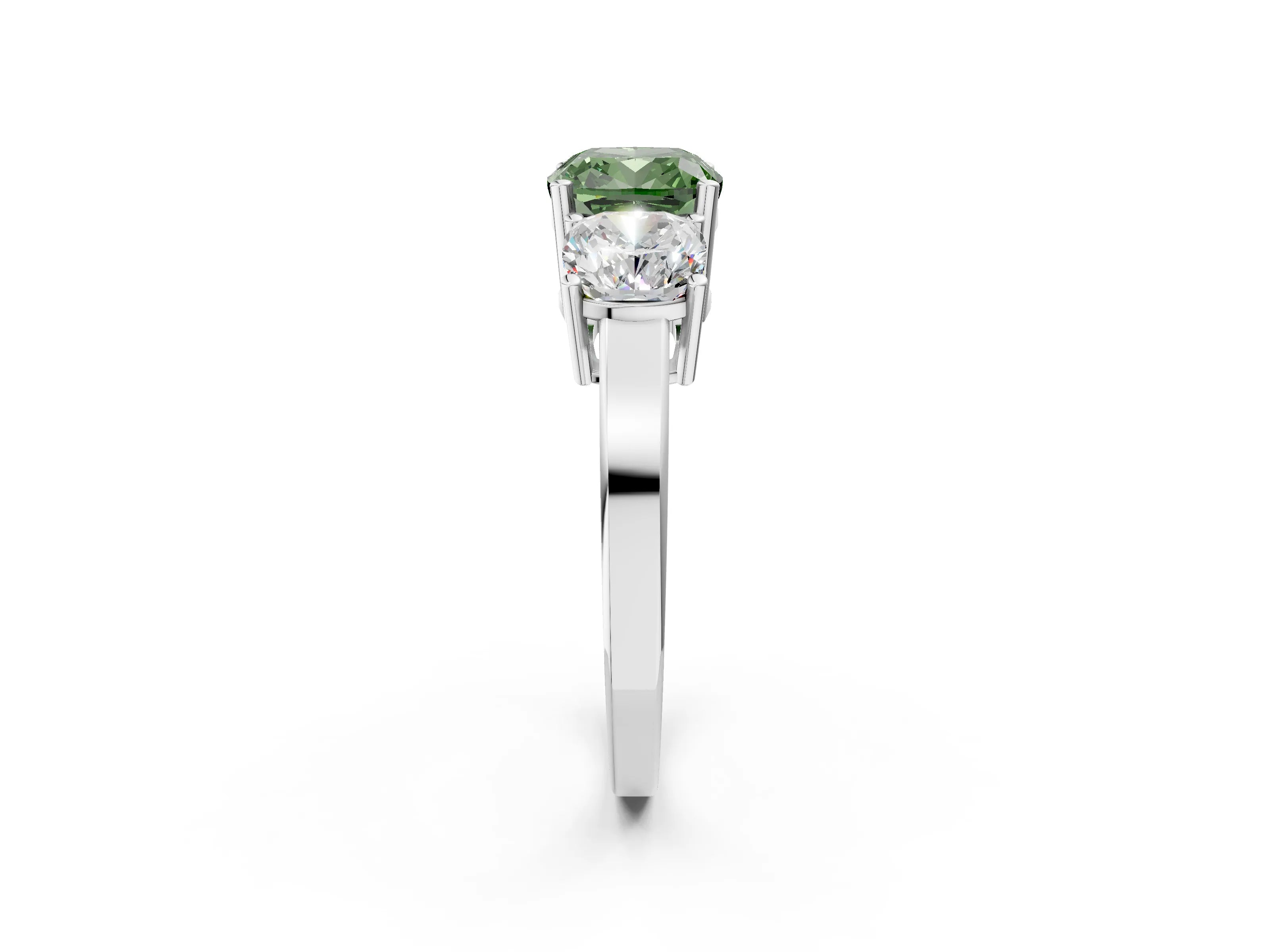 White gold Three-Stone Fancy Green Cushion Cut Cut Diamond Engagement Ring with Flat Band and Four-Prong Setting_2