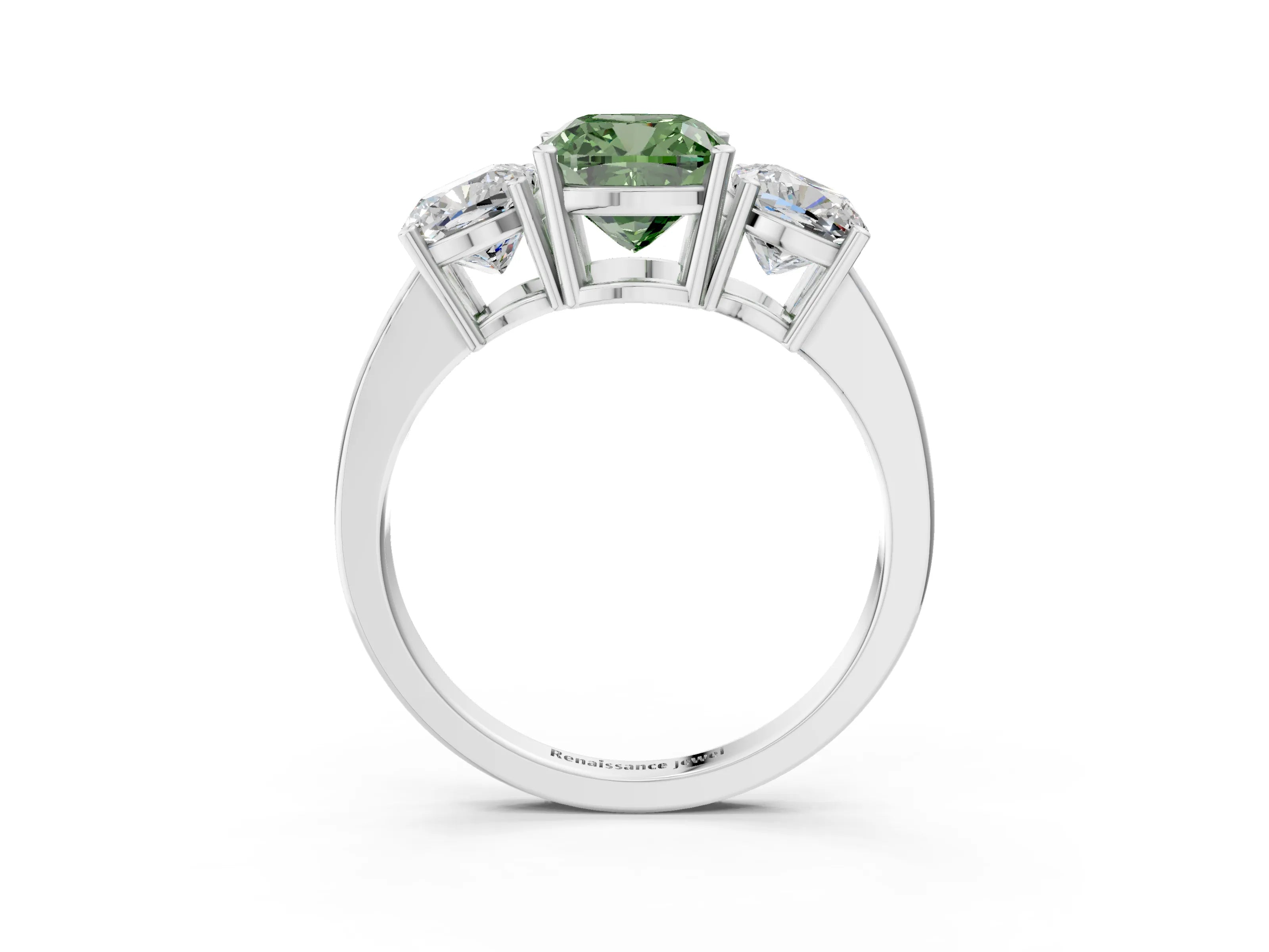 White gold Three-Stone Fancy Green Cushion Cut Cut Diamond Engagement Ring with Flat Band and Four-Prong Setting_3