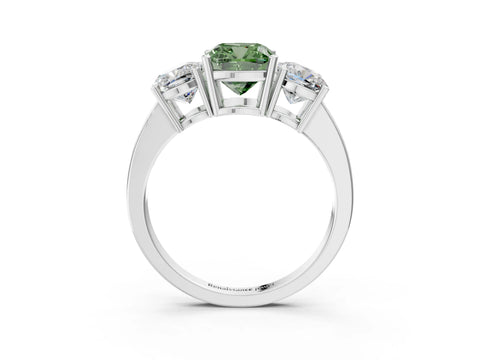 White gold Three-Stone Fancy Green Cushion Cut Cut Diamond Engagement Ring with Flat Band and Four-Prong Setting_3