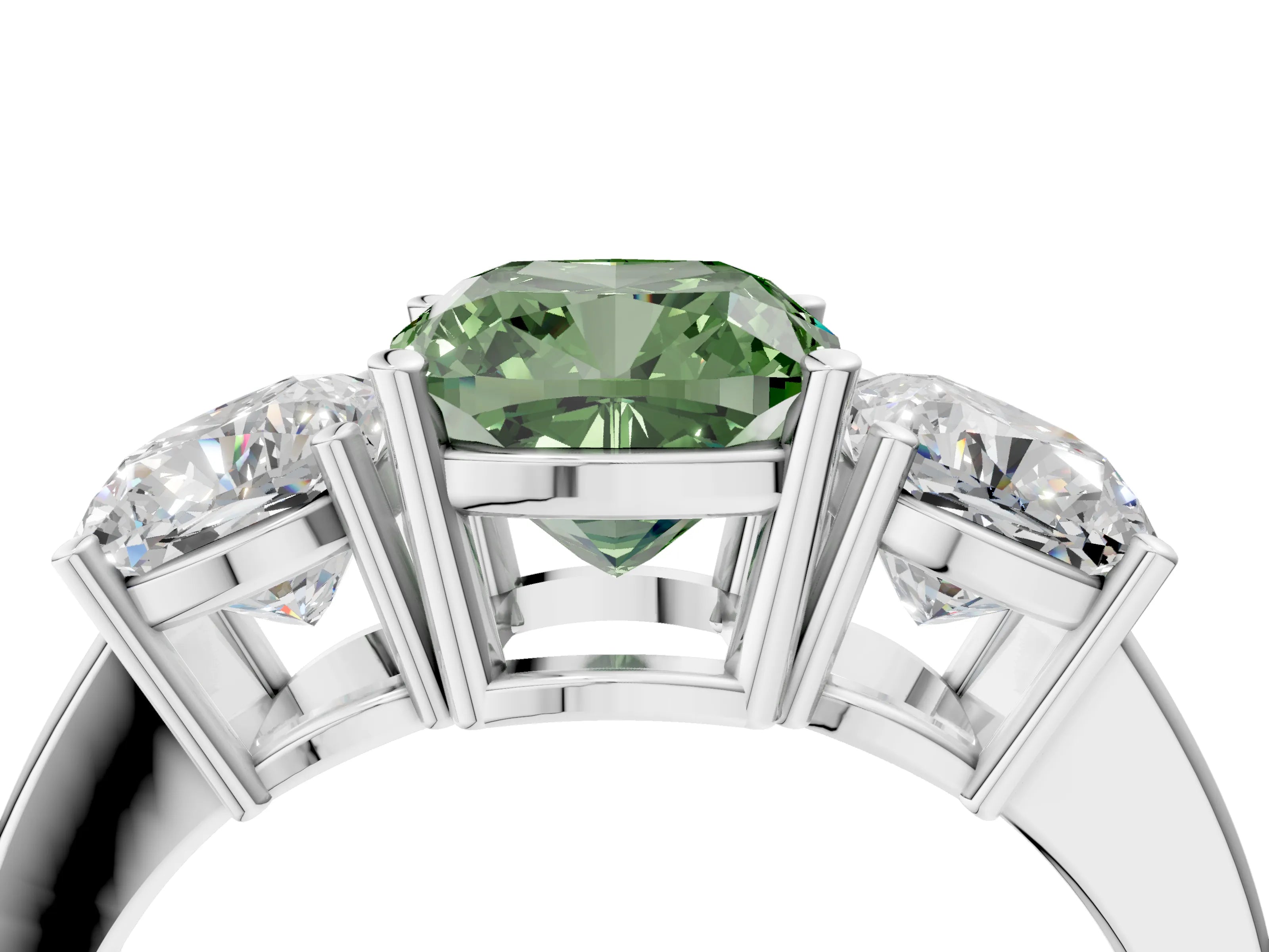 White gold Three-Stone Fancy Green Cushion Cut Cut Diamond Engagement Ring with Flat Band and Four-Prong Setting_4