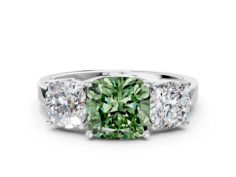 White gold Three-Stone Fancy Green Cushion Cut Cut Diamond Engagement Ring with Flat Band and Four-Prong Setting