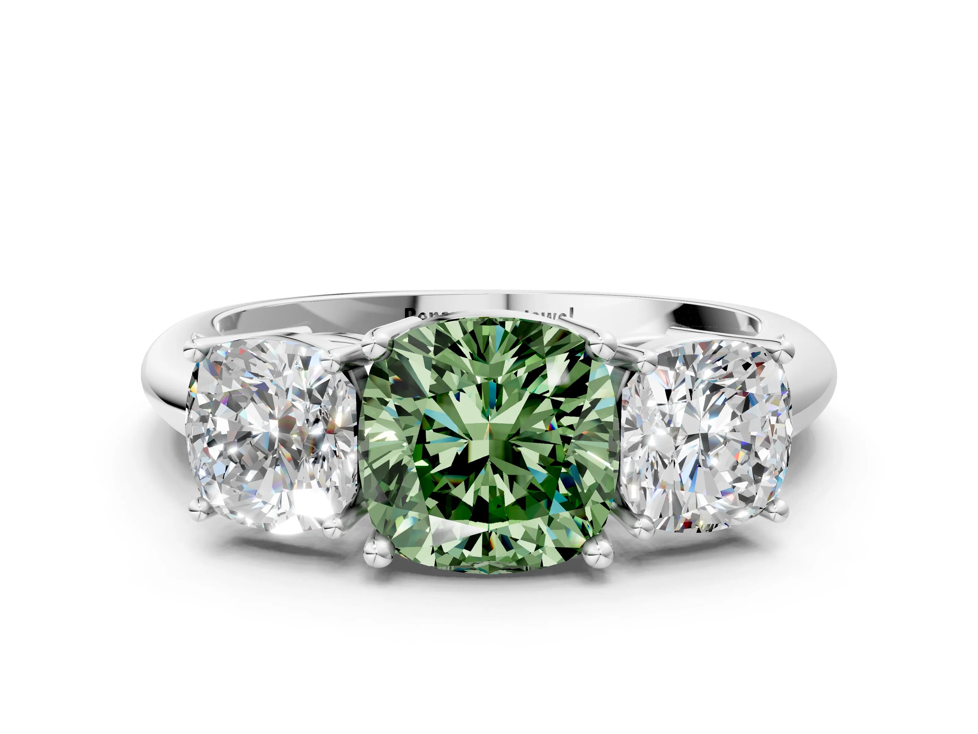 White gold Three-Stone Fancy Green Cushion Cut Cut Diamond Engagement Ring with Prong Setting on a White Gold Band_12