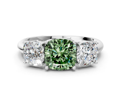 White gold Three-Stone Fancy Green Cushion Cut Cut Diamond Engagement Ring with Prong Setting on a White Gold Band_12
