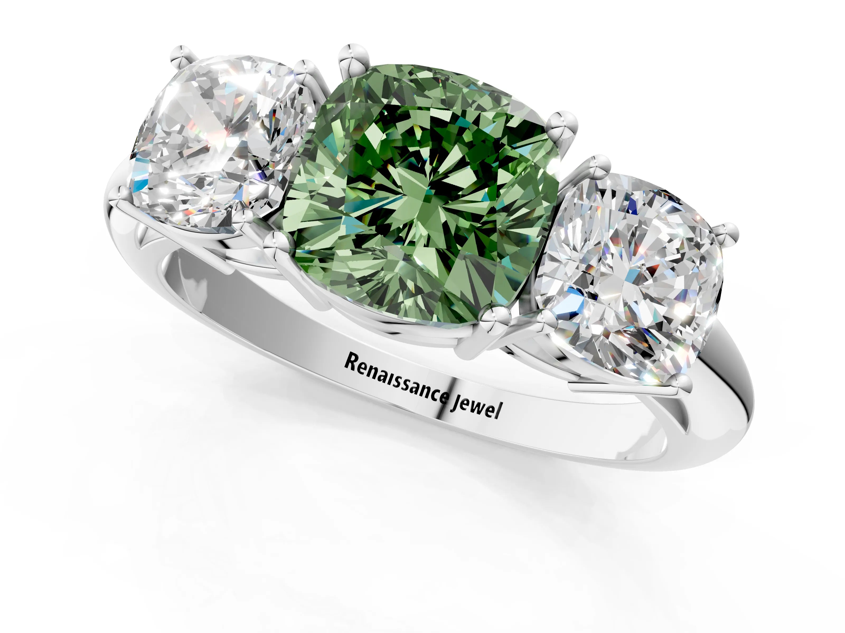 White gold Three-Stone Fancy Green Cushion Cut Cut Diamond Engagement Ring with Prong Setting on a White Gold Band_13