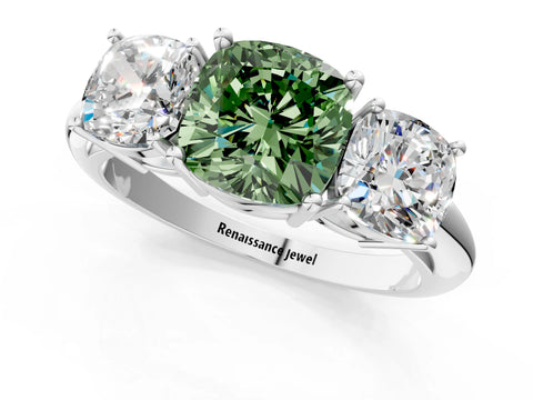 White gold Three-Stone Fancy Green Cushion Cut Cut Diamond Engagement Ring with Prong Setting on a White Gold Band_13
