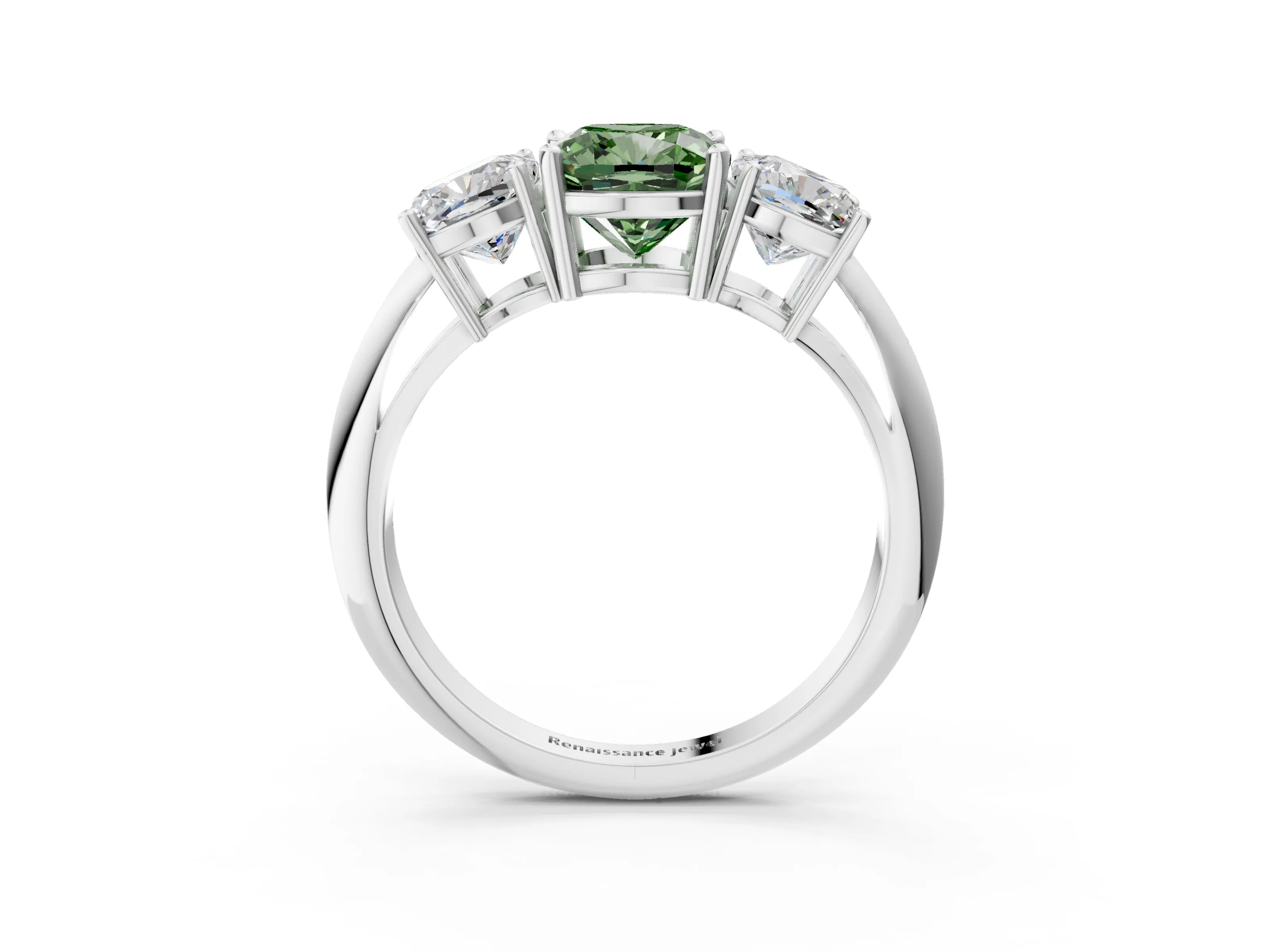 White gold Three-Stone Fancy Green Cushion Cut Cut Diamond Engagement Ring with Prong Setting on a White Gold Band_15