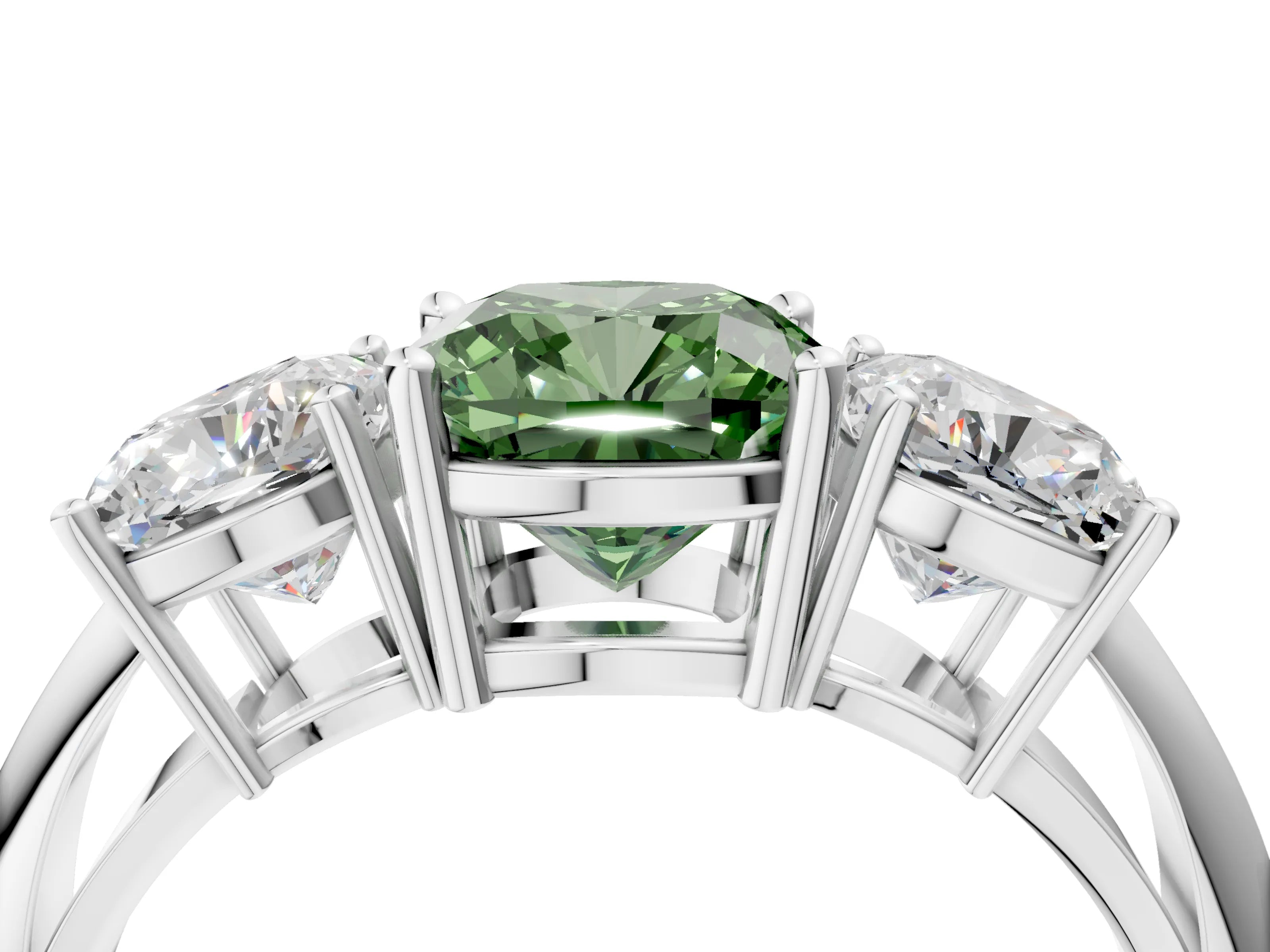 White gold Three-Stone Fancy Green Cushion Cut Cut Diamond Engagement Ring with Prong Setting on a White Gold Band_16
