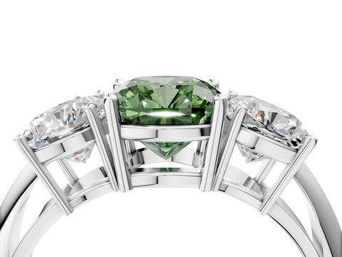 White gold Three-Stone Fancy Green Cushion Cut Cut Diamond Engagement Ring with Prong Setting on a White Gold Band_4