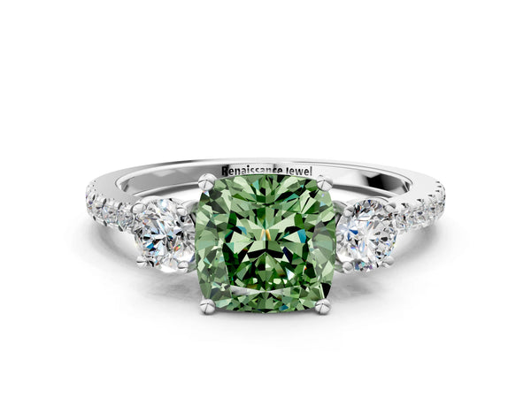 White gold Three-Stone Fancy Green Cushion Cut Cut Diamond Pavé Band with Prong Setting