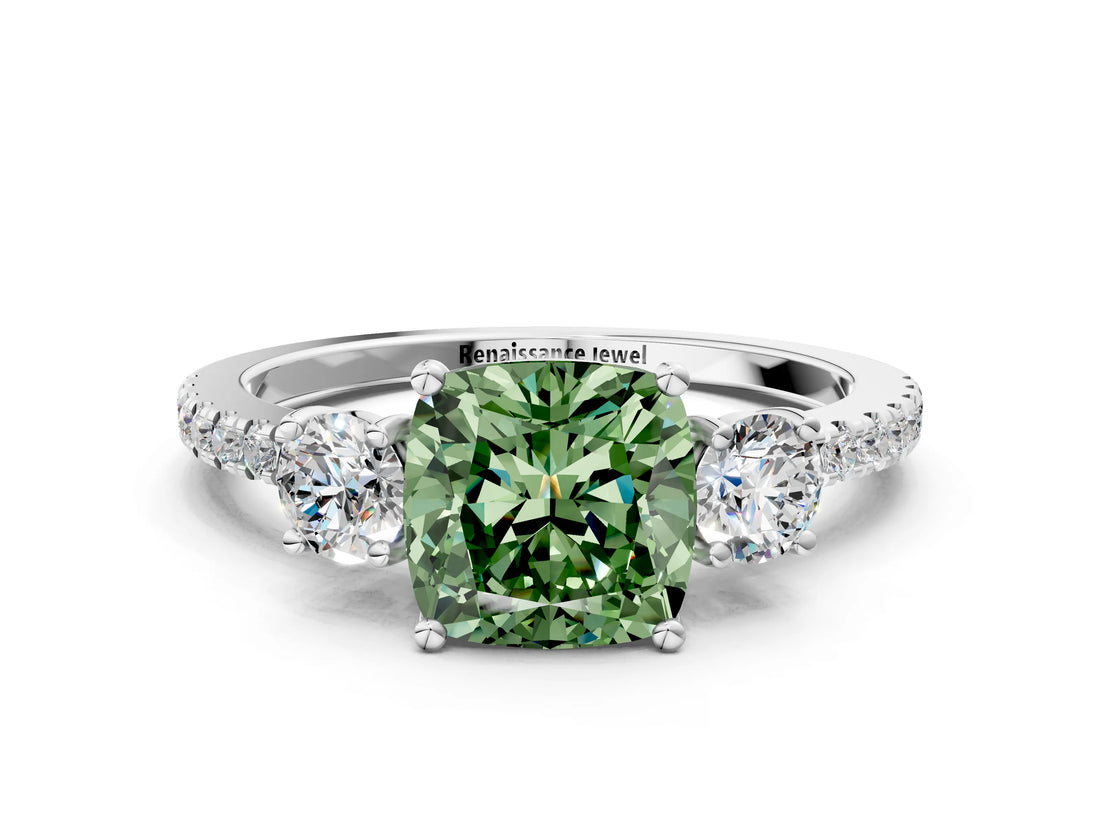 White gold Three-Stone Fancy Green Cushion Cut Cut Diamond Pavé Band with Prong Setting_27