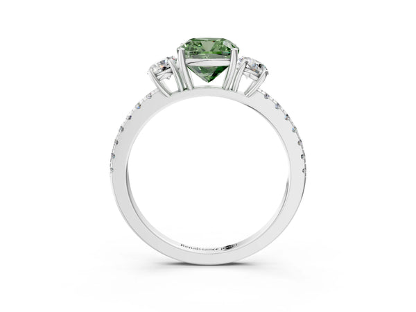 White gold Three-Stone Fancy Green Cushion Cut Cut Diamond Pavé Band with Prong Setting