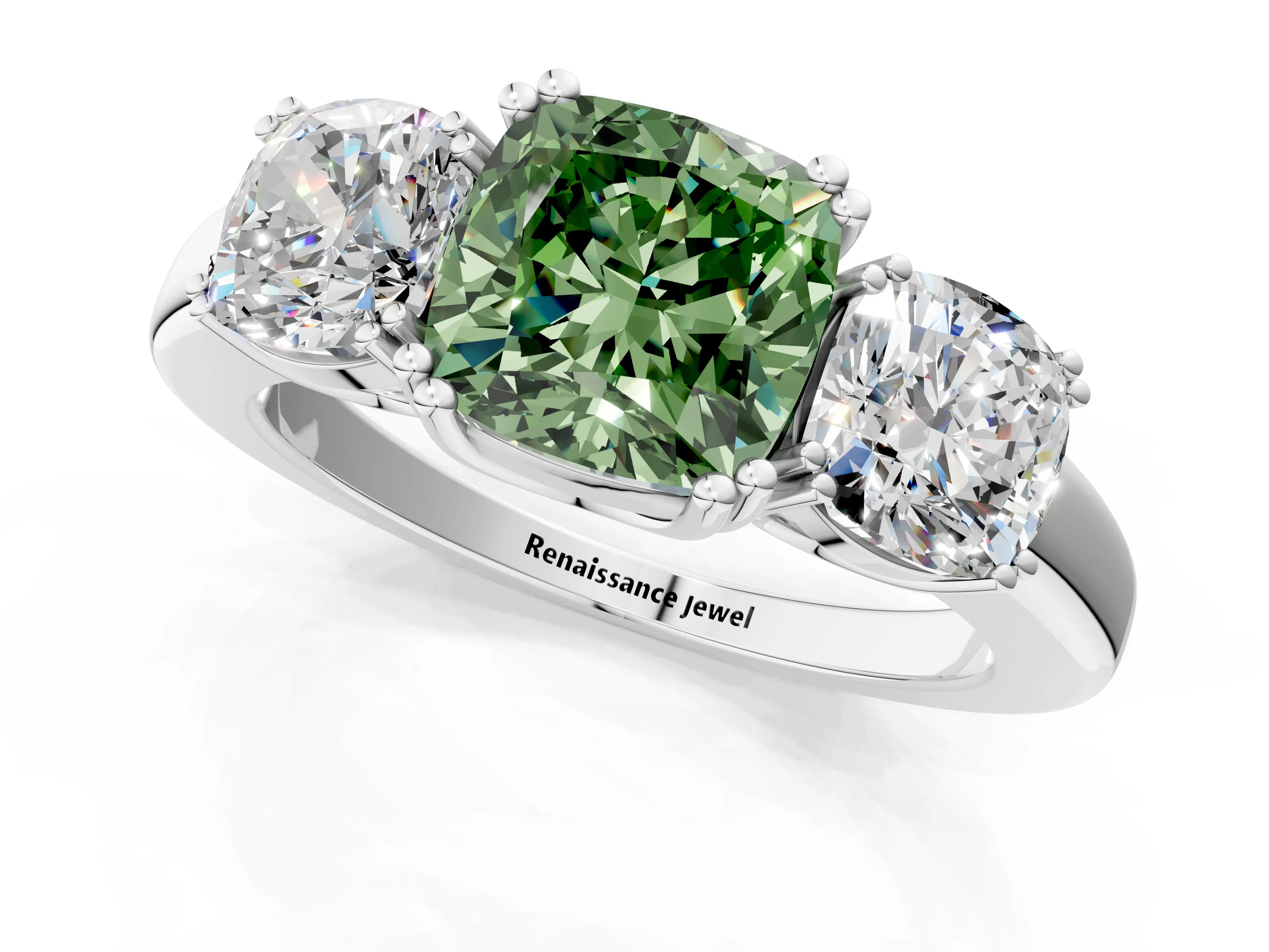 White gold Three-Stone Fancy Green Cushion Cut Cut Diamond Ring with Channel Set Band and Four-Prong Setting_1