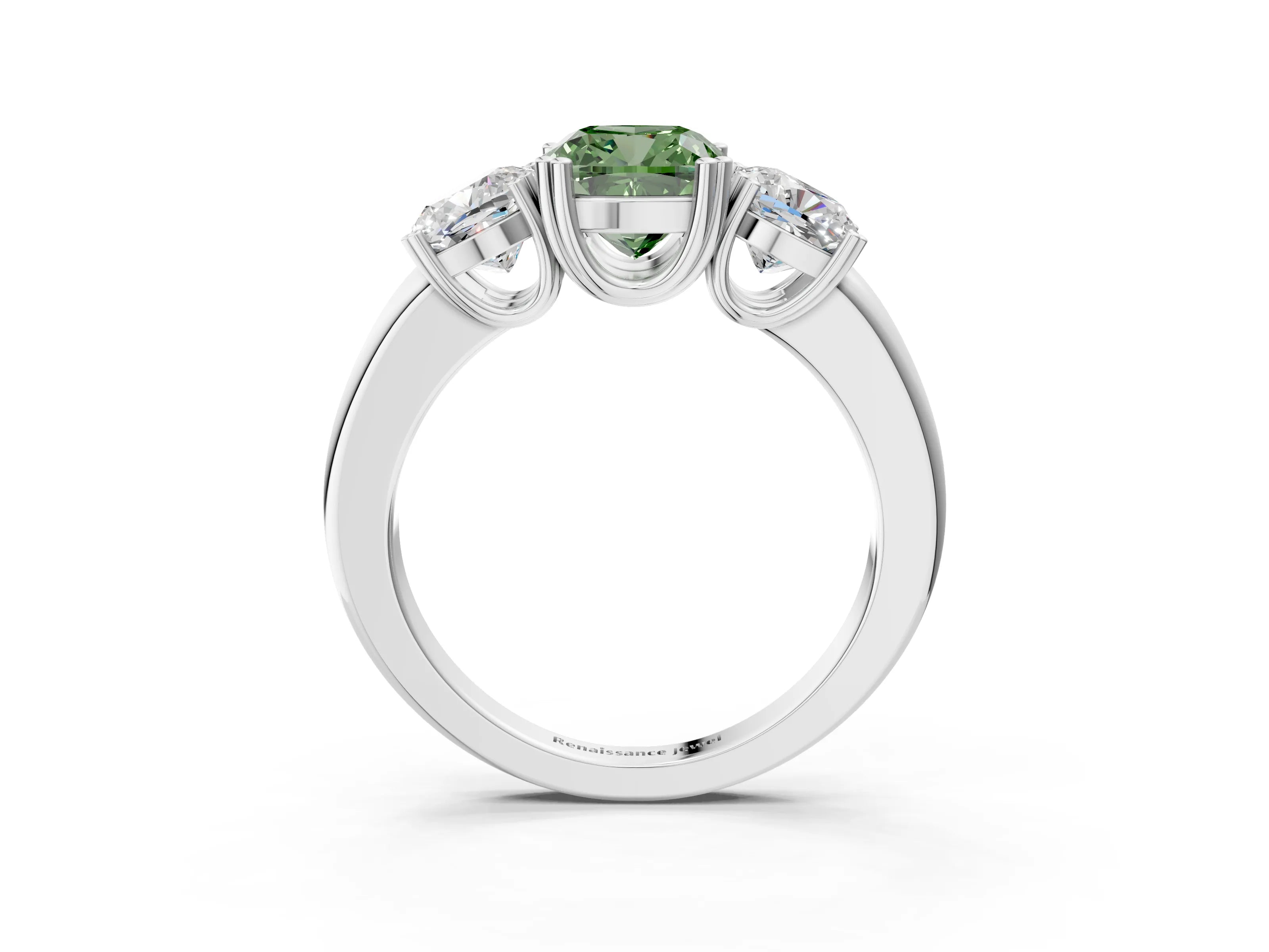 White gold Three-Stone Fancy Green Cushion Cut Cut Diamond Ring with Channel Set Band and Four-Prong Setting_3