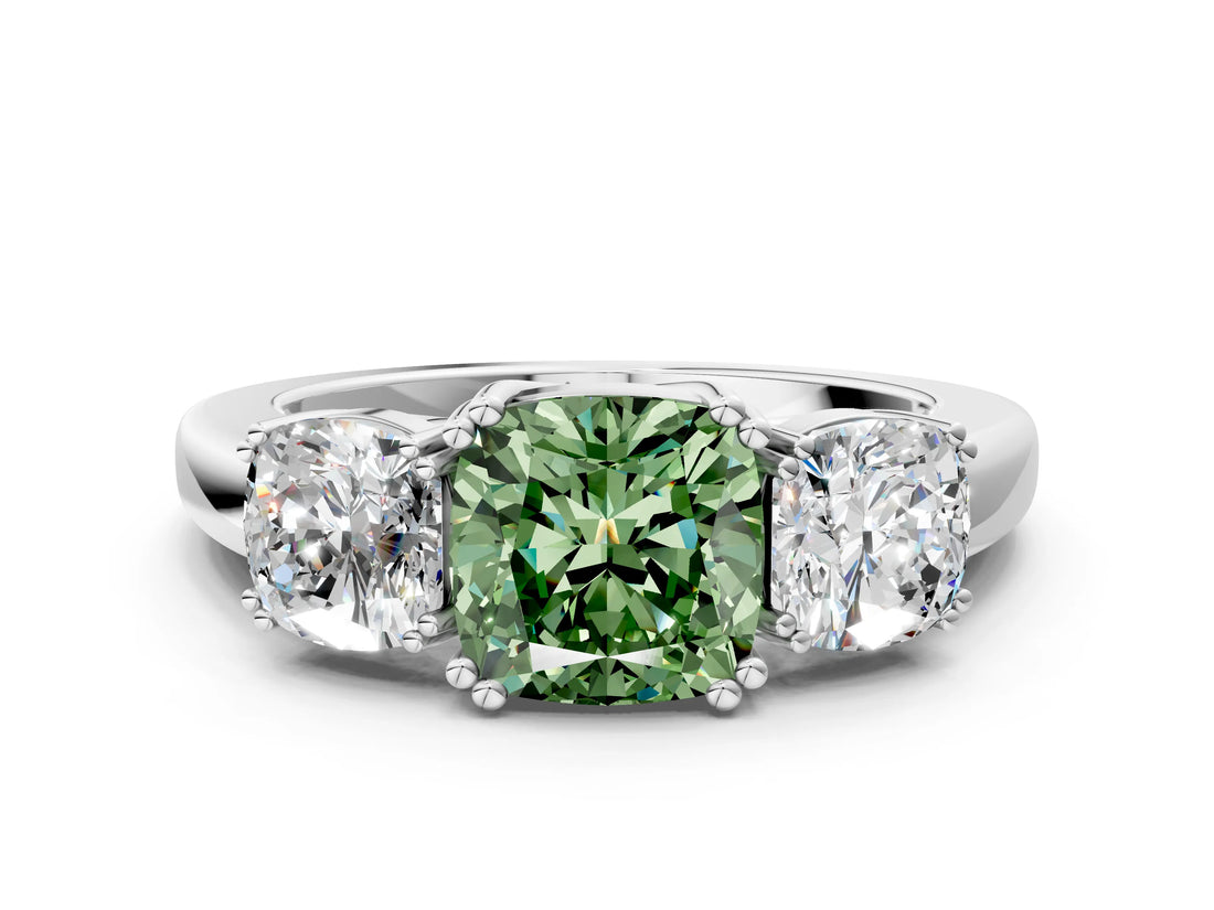 White gold Three-Stone Fancy Green Cushion Cut Cut Diamond Ring with Channel Set Band and Four-Prong Setting_36
