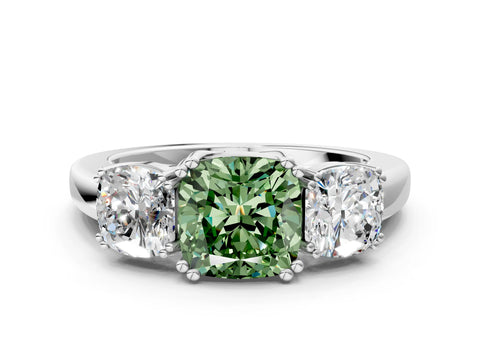White gold Three-Stone Fancy Green Cushion Cut Cut Diamond Ring with Channel Set Band and Four-Prong Setting