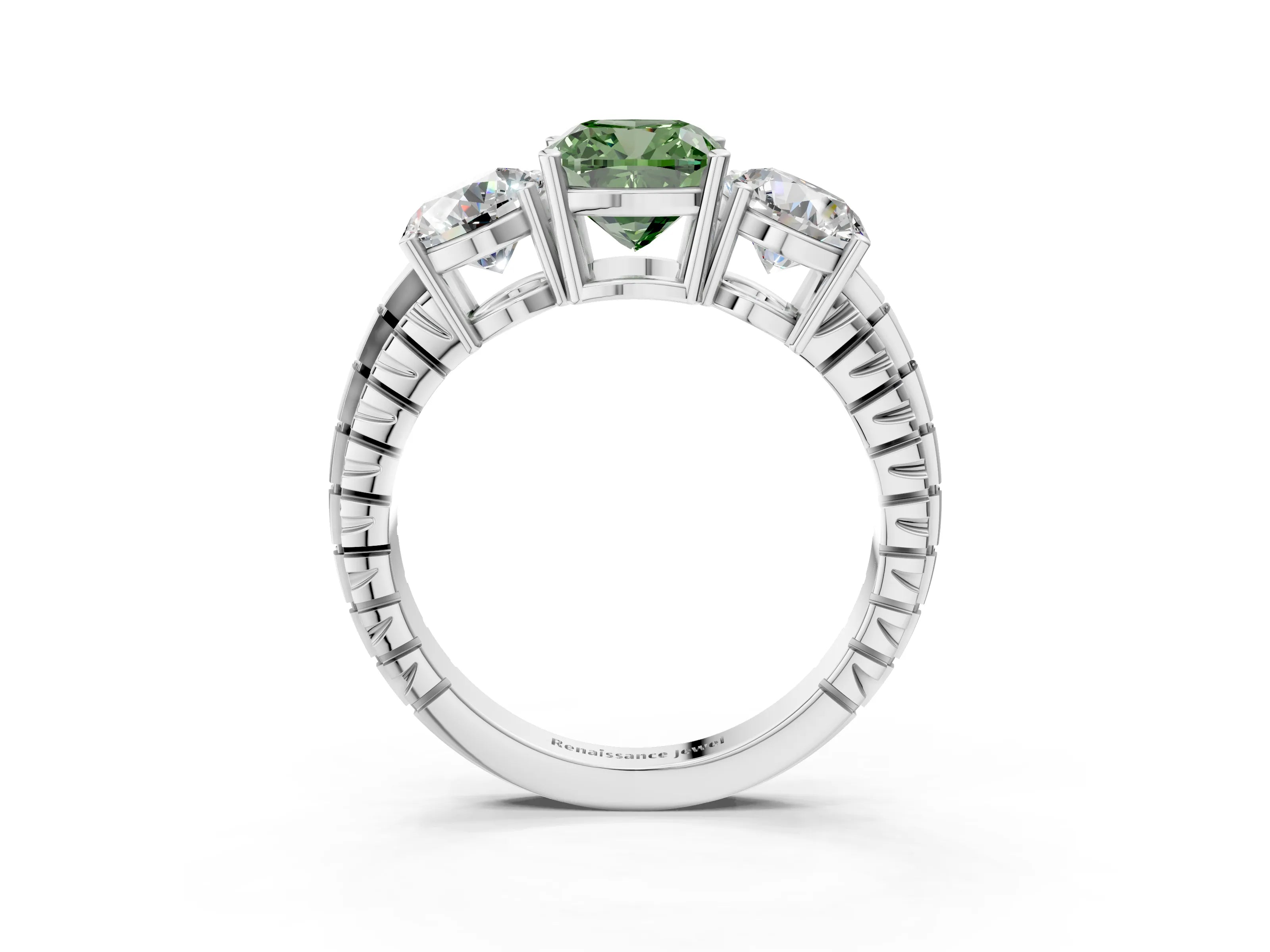 White gold Three-Stone Fancy Green Cushion Cut Cut Diamond Ring with Channel-Set Band and Prong Setting_3
