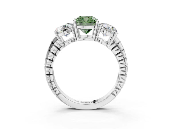 White gold Three-Stone Fancy Green Cushion Cut Cut Diamond Ring with Channel-Set Band and Prong Setting