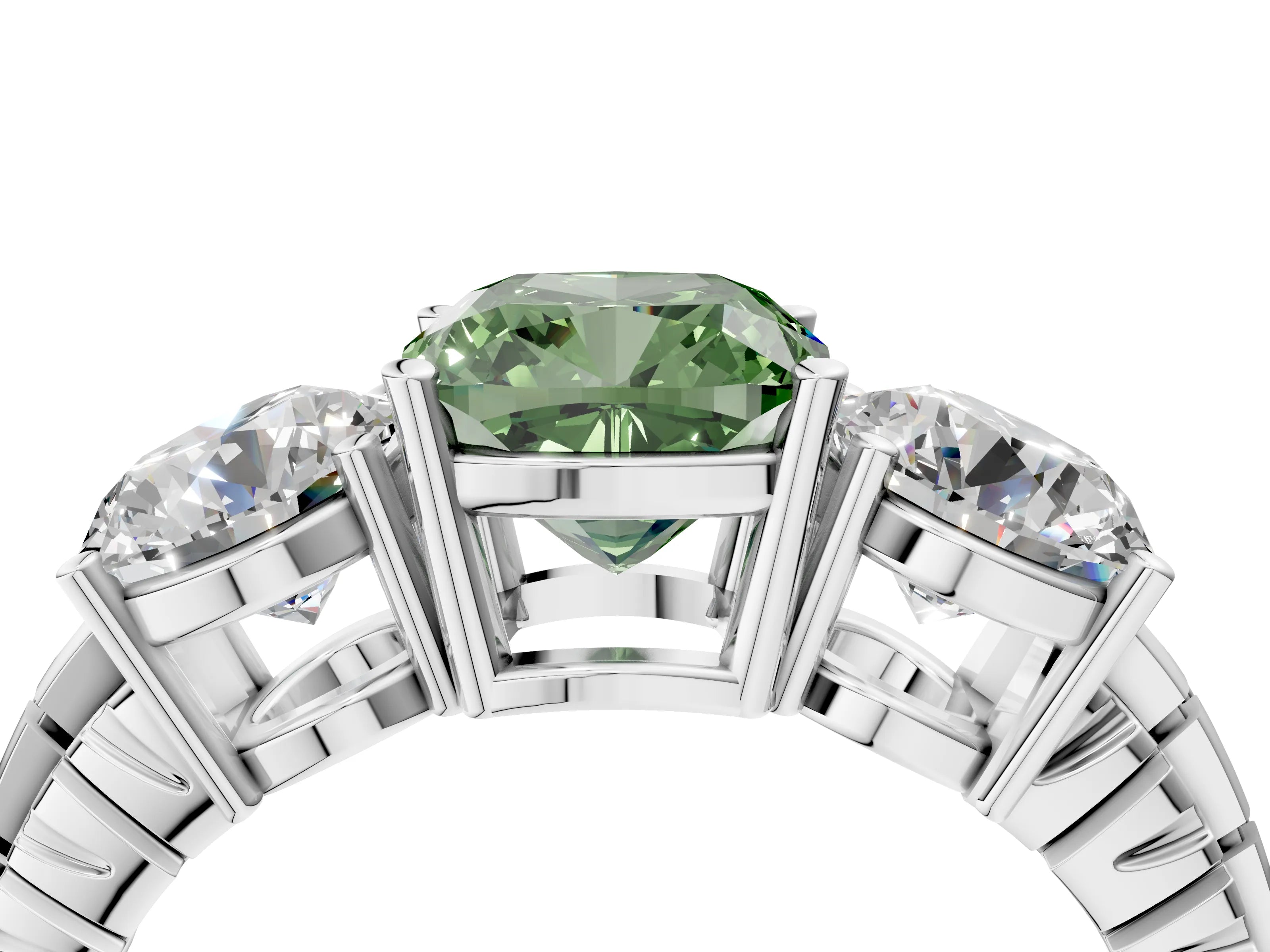 White gold Three-Stone Fancy Green Cushion Cut Cut Diamond Ring with Channel-Set Band and Prong Setting_4