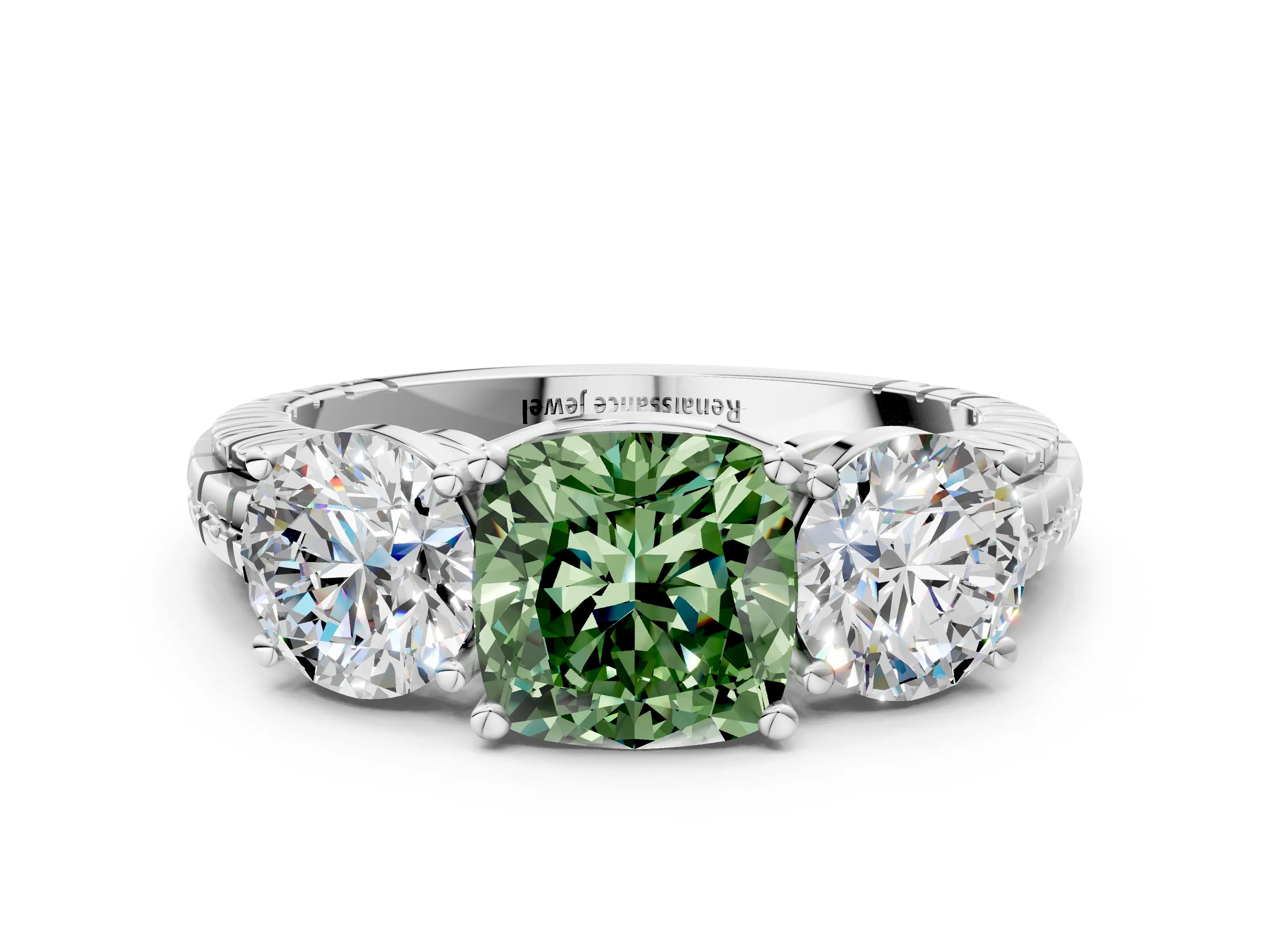 White gold Three-Stone Fancy Green Cushion Cut Cut Diamond Ring with Channel-Set Band and Prong Setting