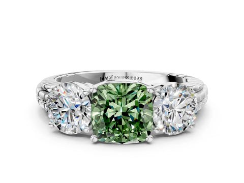 White gold Three-Stone Fancy Green Cushion Cut Cut Diamond Ring with Channel-Set Band and Prong Setting