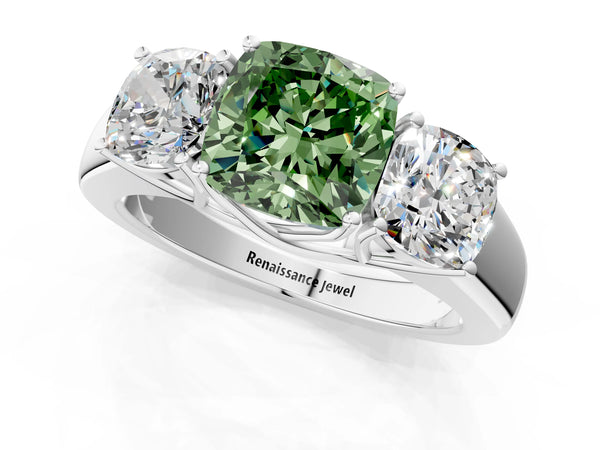 Platinum Three-Stone Fancy Green Cushion Cut Cut Diamond Ring with Prong Setting and Classic Band