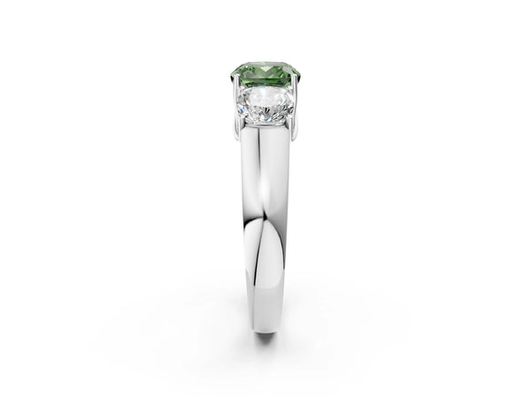 Platinum Three-Stone Fancy Green Cushion Cut Cut Diamond Ring with Prong Setting and Classic Band
