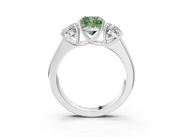 Platinum Three-Stone Fancy Green Cushion Cut Cut Diamond Ring with Prong Setting and Classic Band