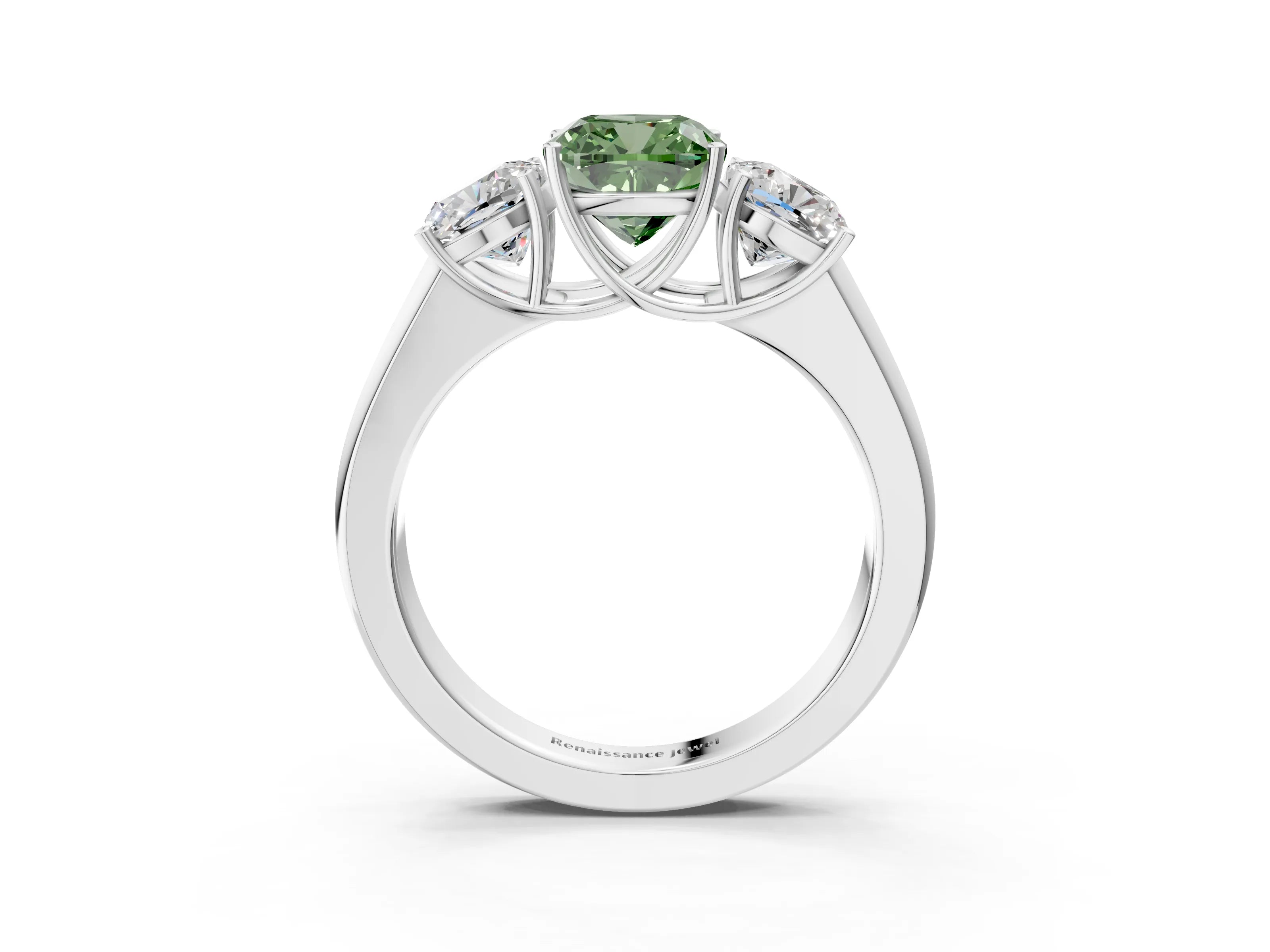 White gold Three-Stone Fancy Green Cushion Cut Cut Diamond Ring with Prong Setting and Classic Band_3