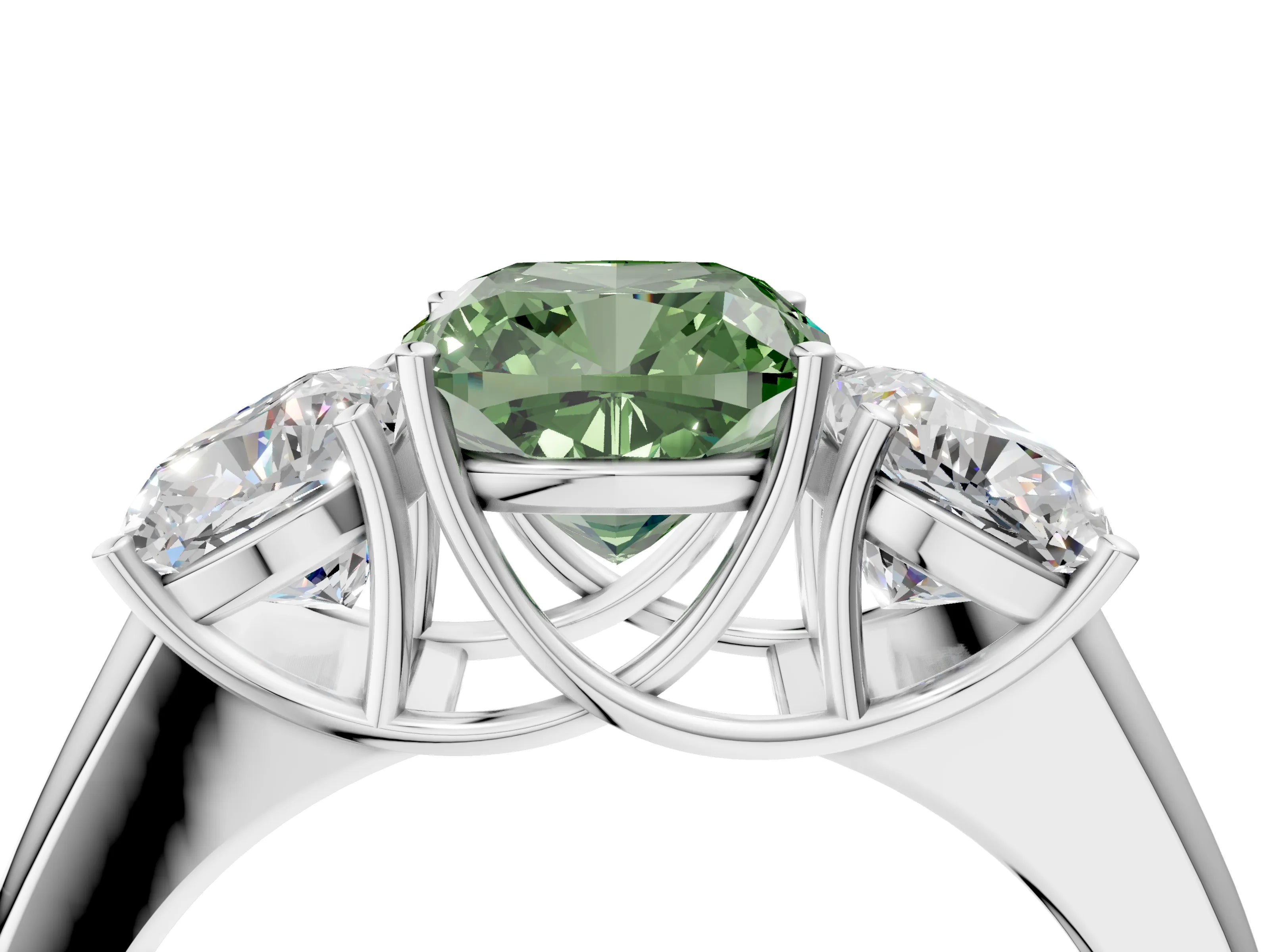 White gold Three-Stone Fancy Green Cushion Cut Cut Diamond Ring with Prong Setting and Classic Band_4
