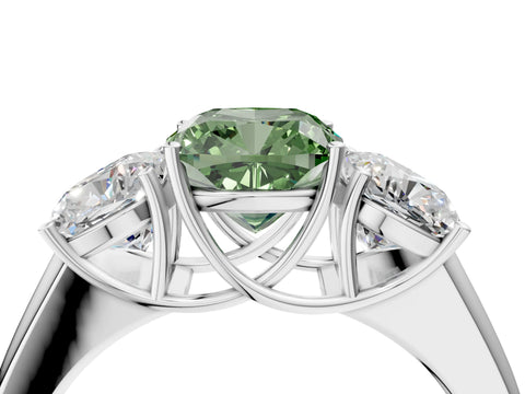 White gold Three-Stone Fancy Green Cushion Cut Cut Diamond Ring with Prong Setting and Classic Band_4