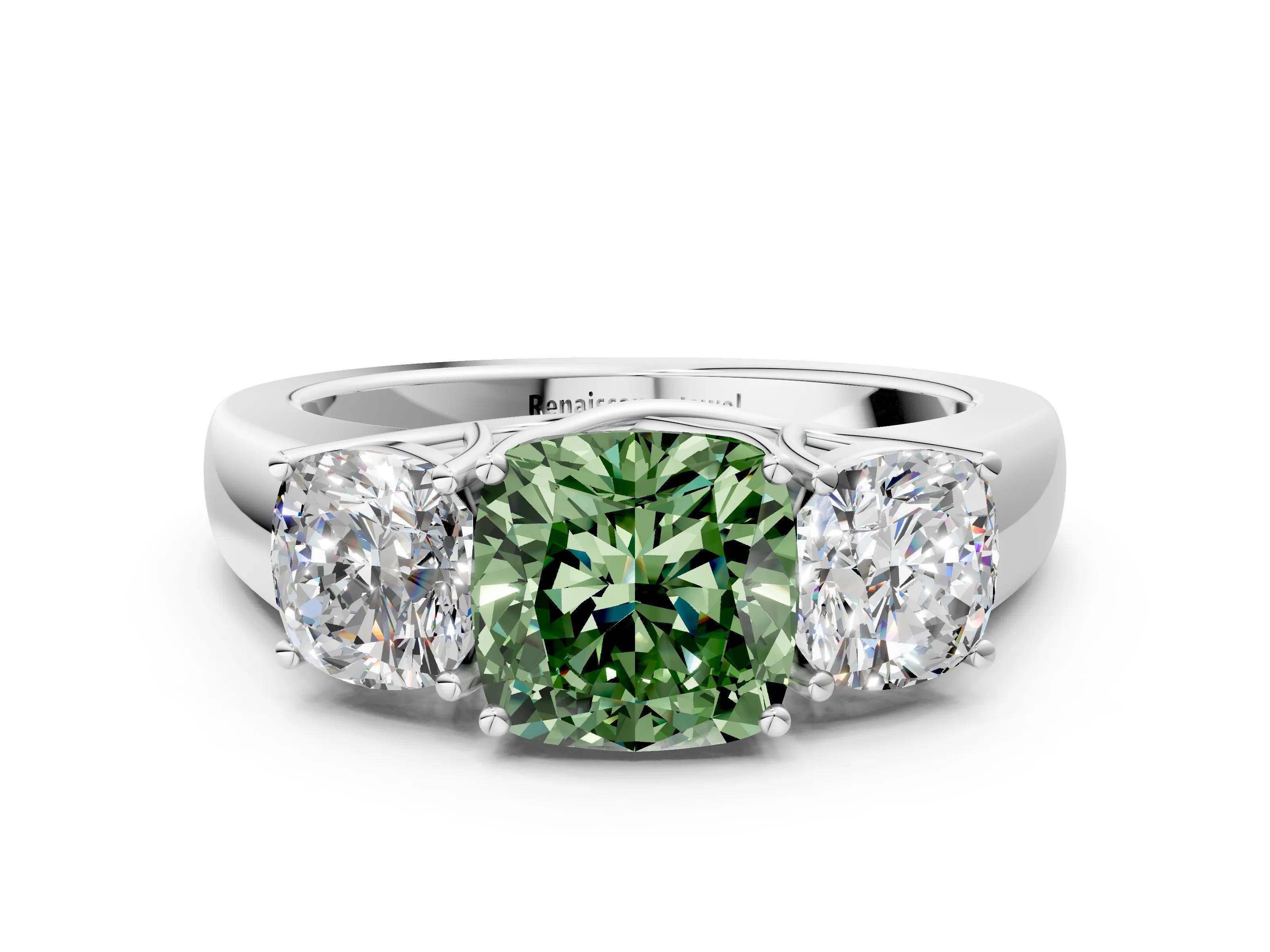 White gold Three-Stone Fancy Green Cushion Cut Cut Diamond Ring with Prong Setting and Classic Band