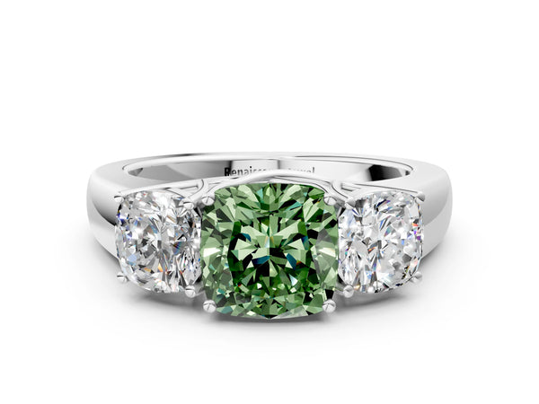 Platinum Three-Stone Fancy Green Cushion Cut Cut Diamond Ring with Prong Setting and Classic Band