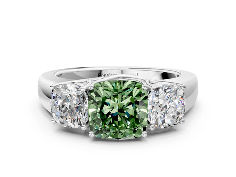 White gold Three-Stone Fancy Green Cushion Cut Cut Diamond Ring with Prong Setting and Classic Band