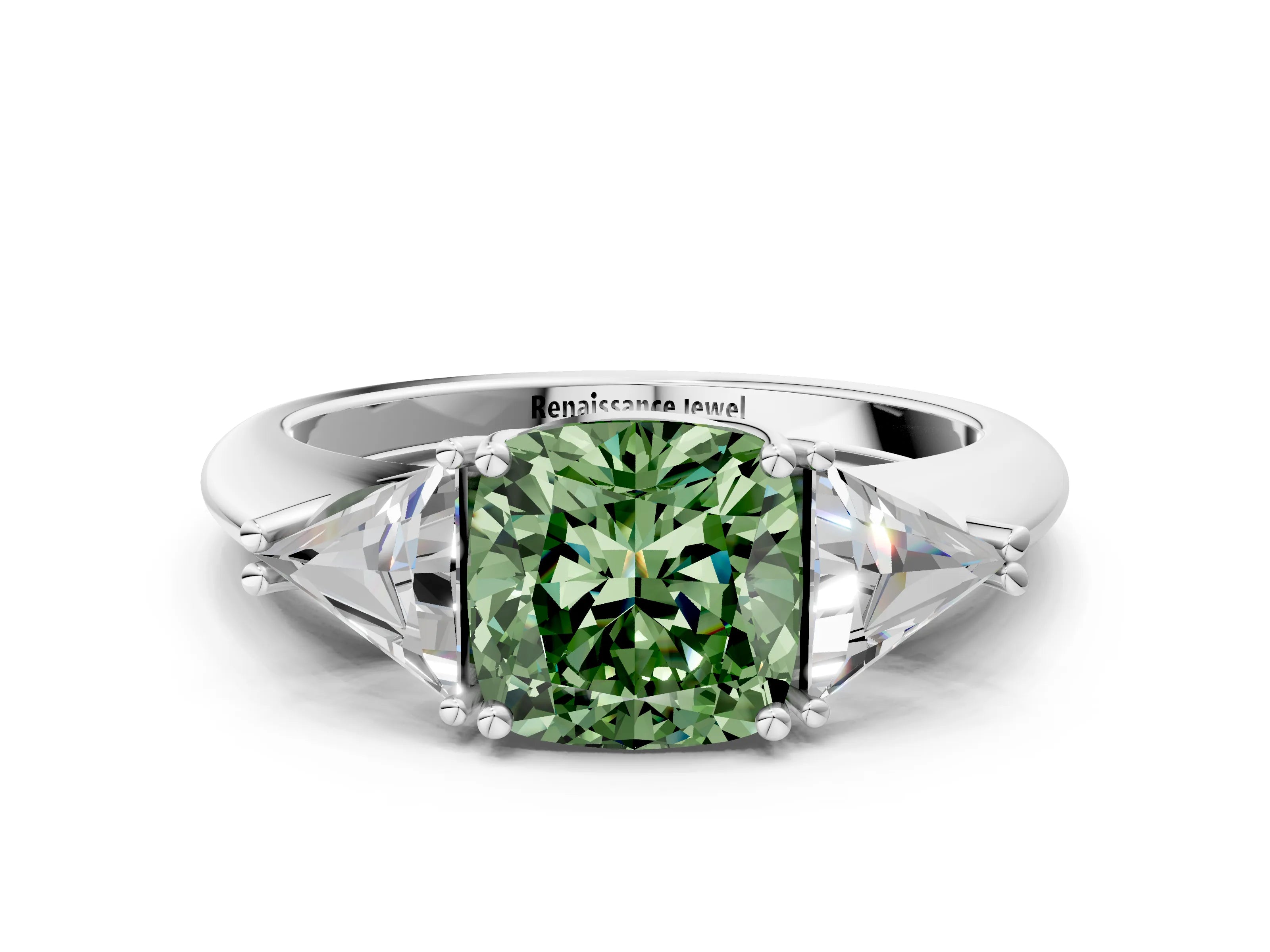 White gold Three-Stone Fancy Green Cushion Cut Cut Diamond Ring with Trillion Side Stones and Four-Prong Setting_11