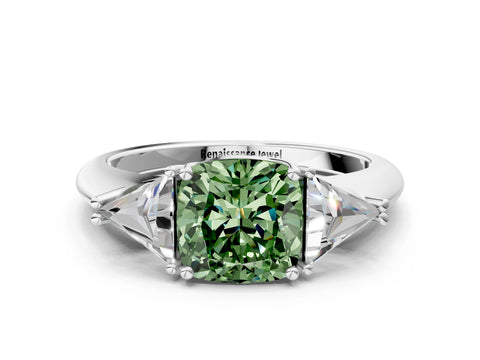 White gold Three-Stone Fancy Green Cushion Cut Cut Diamond Ring with Trillion Side Stones and Four-Prong Setting_11