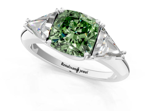 White gold Three-Stone Fancy Green Cushion Cut Cut Diamond Ring with Trillion Side Stones and Four-Prong Setting_12