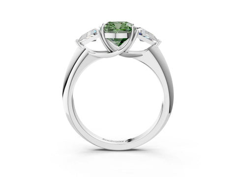 White gold Three-Stone Fancy Green Cushion Cut Cut Diamond Ring with Trillion Side Stones and Four-Prong Setting_14