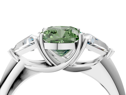 White gold Three-Stone Fancy Green Cushion Cut Cut Diamond Ring with Trillion Side Stones and Four-Prong Setting_15