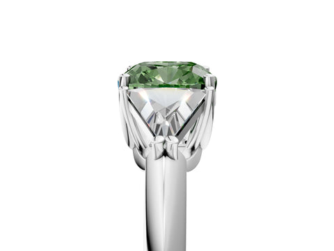 White gold Three-Stone Fancy Green Cushion Cut Cut Diamond Ring with Trillion Side Stones and Four-Prong Setting_16