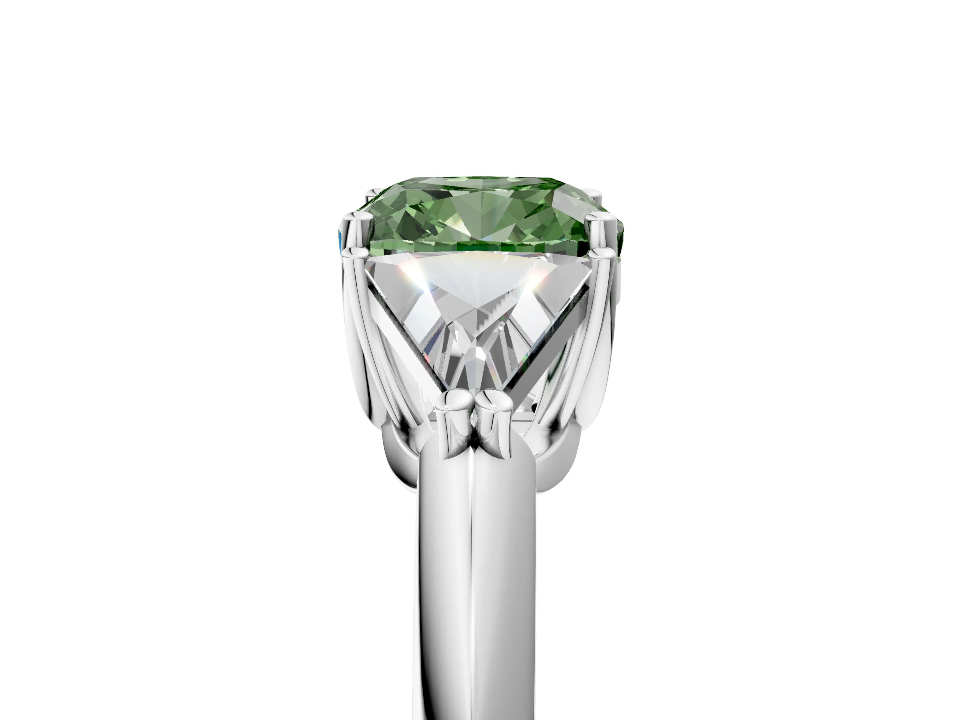 White gold Three-Stone Fancy Green Cushion Cut Cut Diamond Ring with Trillion Side Stones and Four-Prong Setting_16