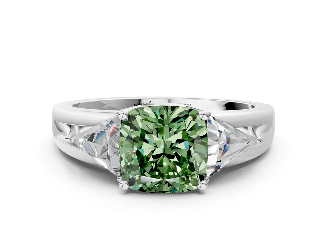 White gold Three-Stone Fancy Green Cushion Cut Cut Diamond Ring with Trillion Side Stones on a Split Shank Band